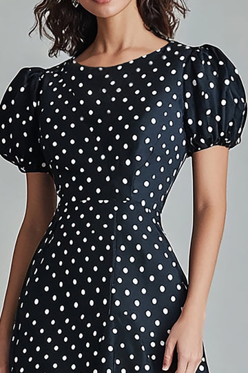 Black White Polka Dot Casual Dress with Puff Sleeves